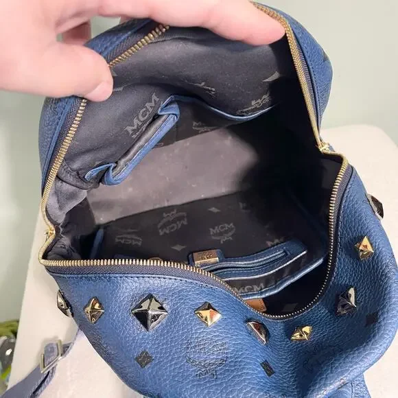 MCM Munchen Blue Leather Embellished Golden & Silver Studded 
